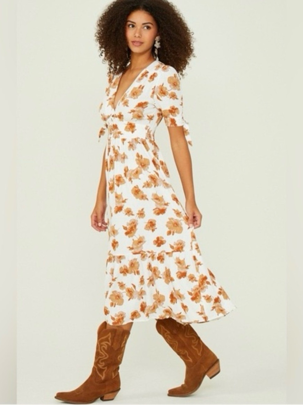 Altar’d State Floral Boho Midi Dress Size Large Prairie Western Neutral